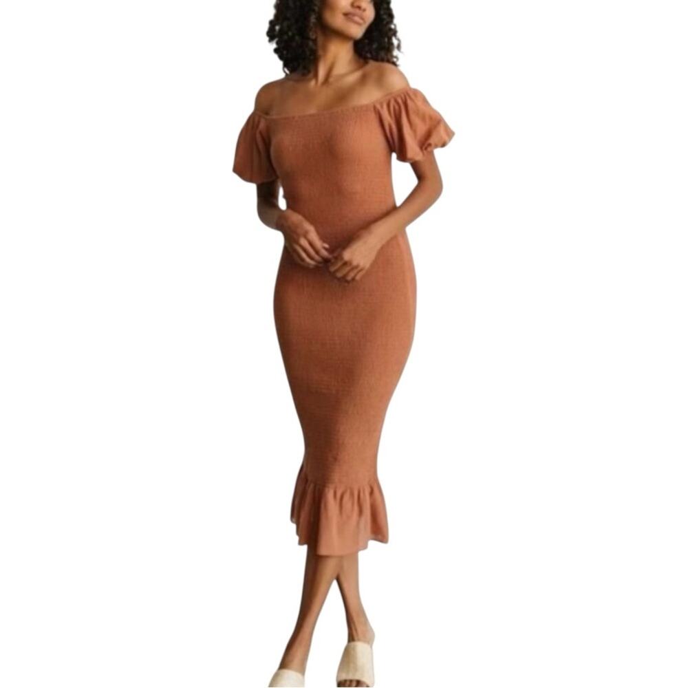 Baltic Born Alana Off-Shoulder Puff Sleeve Smocked Midi Dress SMALL in Mocha